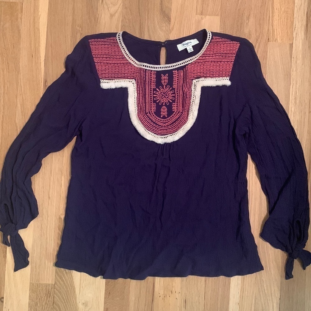 𝅺hayden Los Angeles Boutique Blouse Blue & Pink 3/4 Tie Sleeves Women’s L